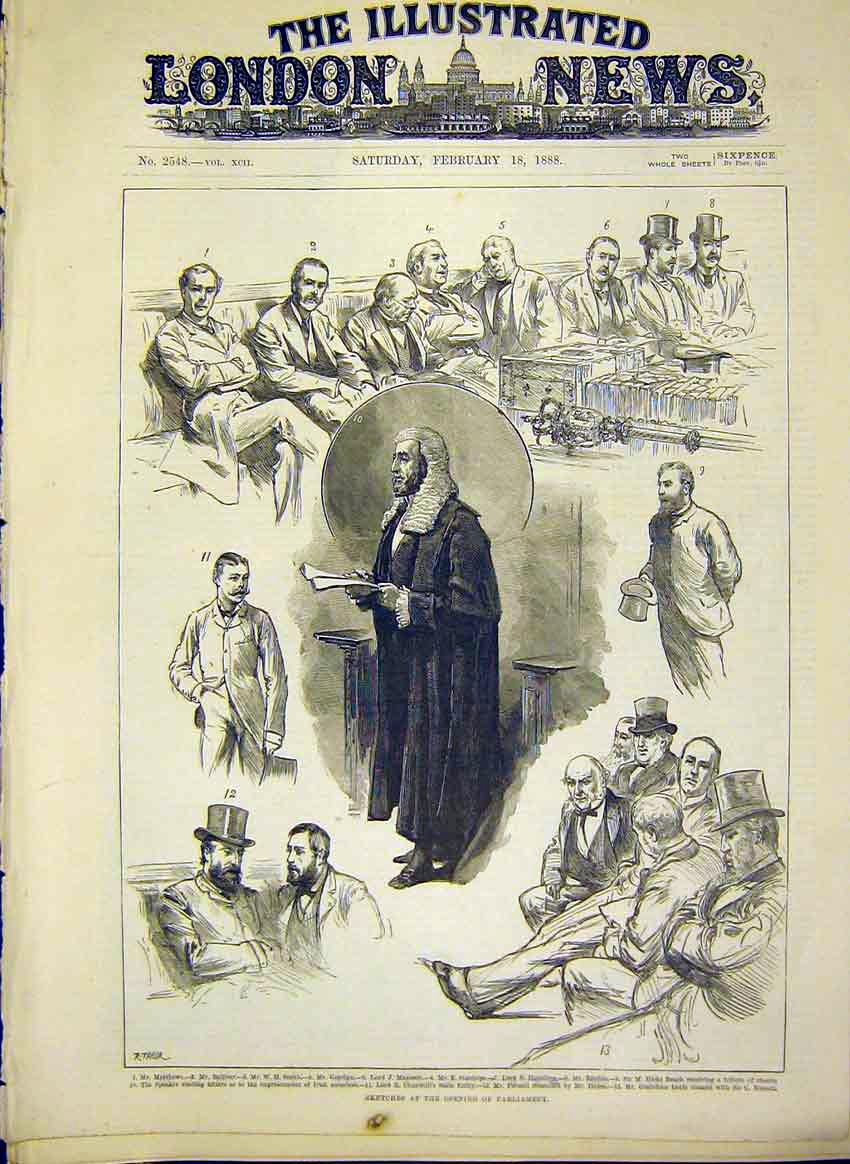 Original Old Antique Print Sketches Opening Parliament Portrait Balfour 1888