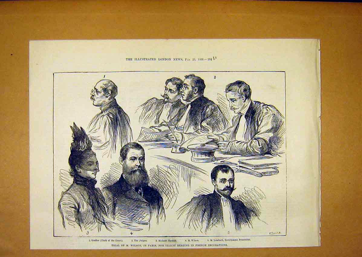 Original Old Antique Print Trial Wilson Paris Illicit French Decorations 1888