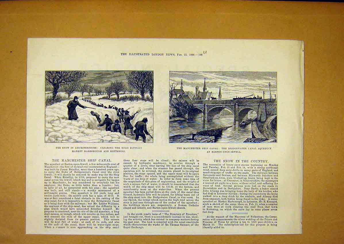 Original Old Antique Print Leicestershire Snow Manchester Ship Canal 1888 19th