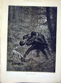 Original Old Antique Print Caught Berkeley Dog People Men Forest Fine Art 1888