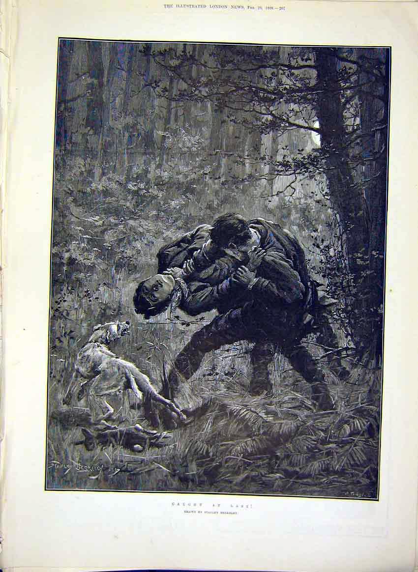 Original Old Antique Print Caught Berkeley Dog People Men Forest Fine Art 1888