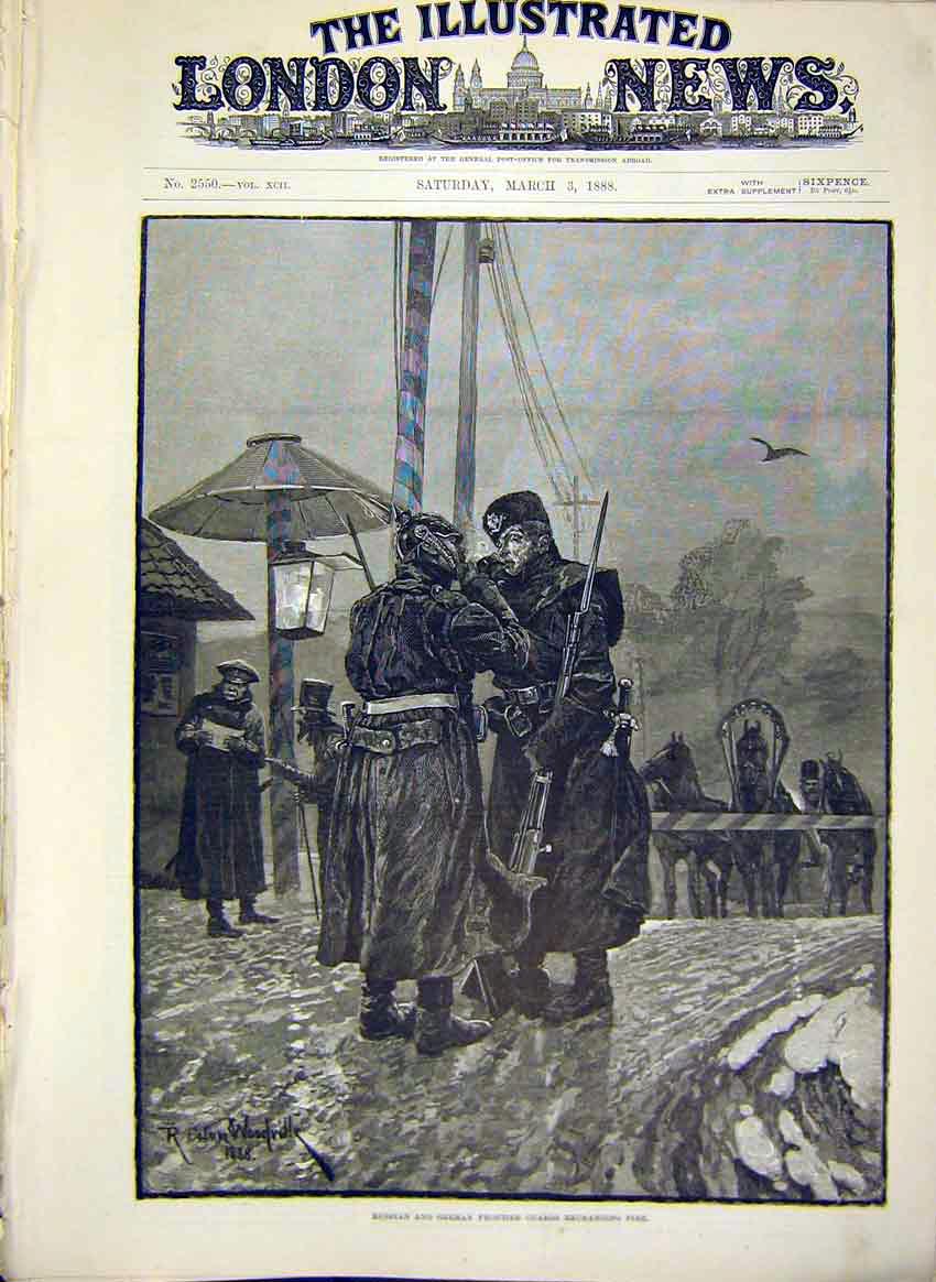 Original Old Antique Print Russian German Frontier Guards Military Army 1888