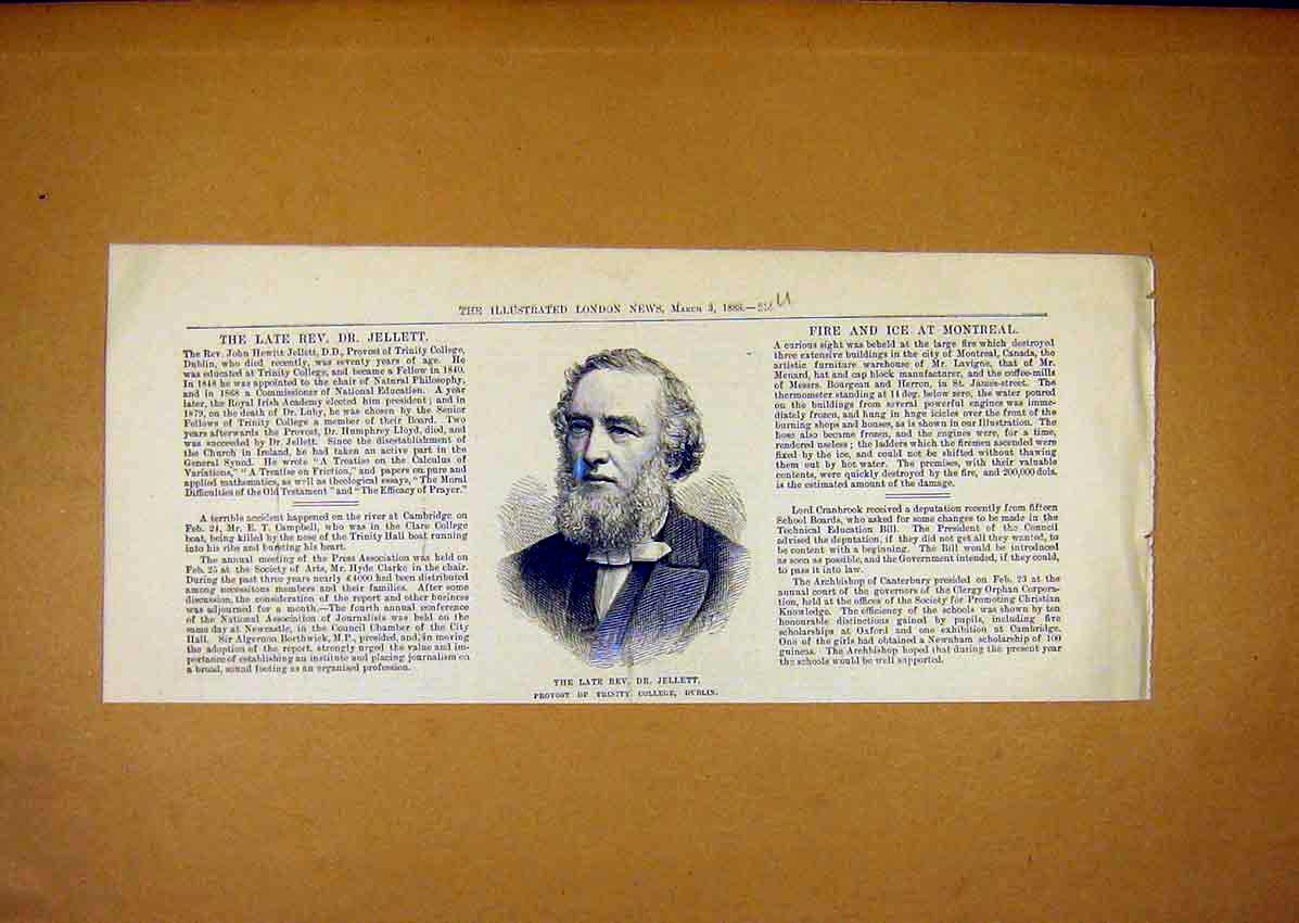 Original Old Antique Print Portrait Jellet Provost Trinity Dublin Ireland 1888