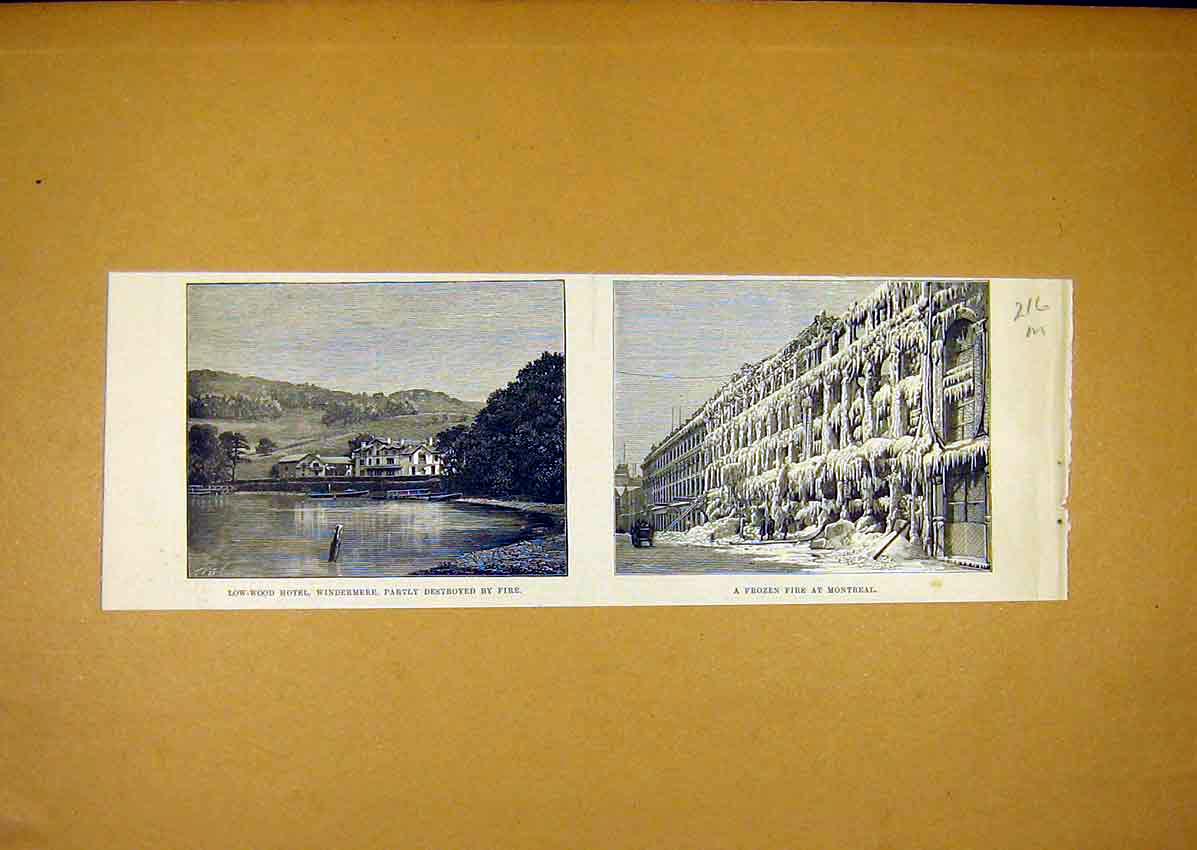 Original Old Antique Print Low-Wood Hotel Windermere Fire Frozen Montreal 1888