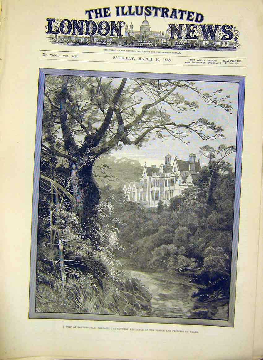 Original Old Antique Print Sandringham Norfolk Prince Princess Wales Residence