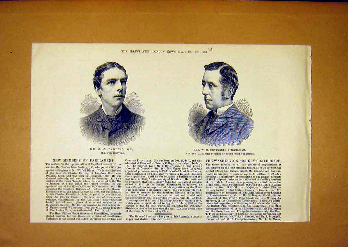 Original Old Antique Print Portrait Darling Deptford Fitzwilliam Doncaster 1888