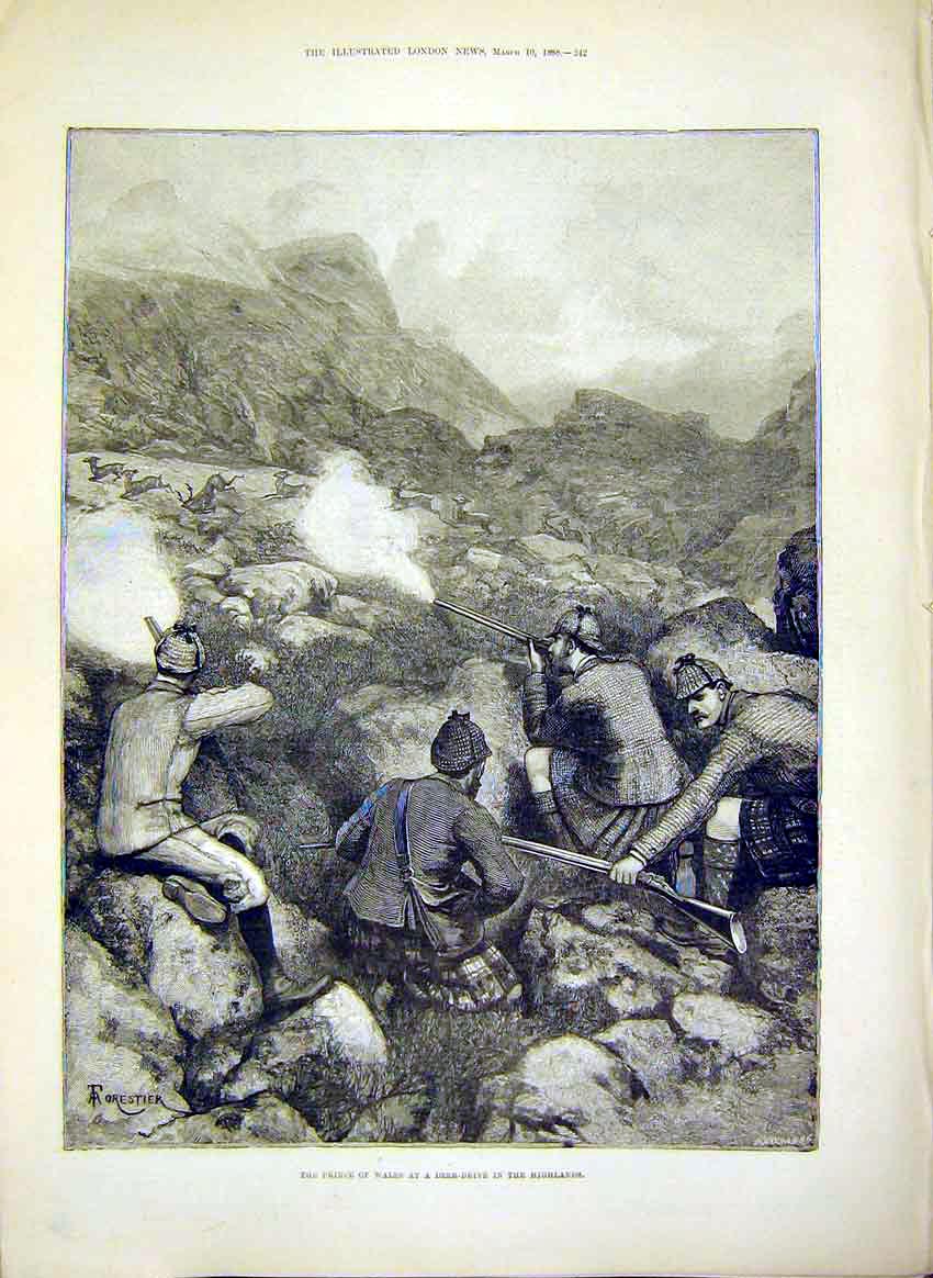 Original Old Antique Print Prince Wales Deer-Drive Highlands Scotland Hunt 1888