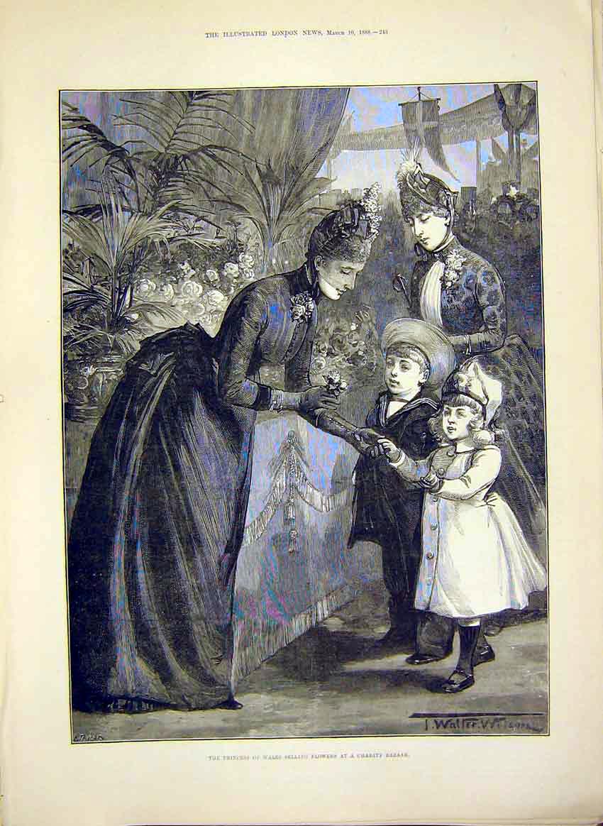 Original Old Antique Print Princess Wales Flowers Charity Bazaar 1888 Victorian