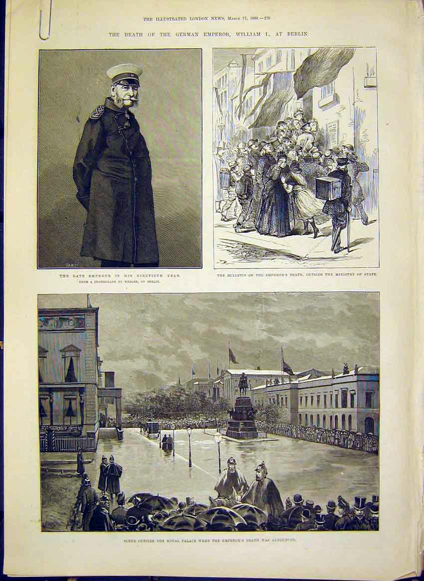 Original Old Antique Print German Emperor William Berlin Portrait Funeral 1888