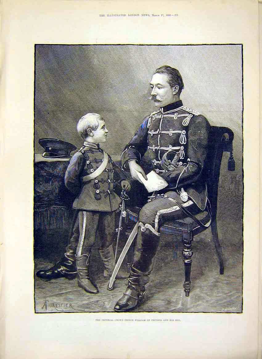 Old Antique Print Imperial Crown Prince William Prussia Portrait Son 1888 19th