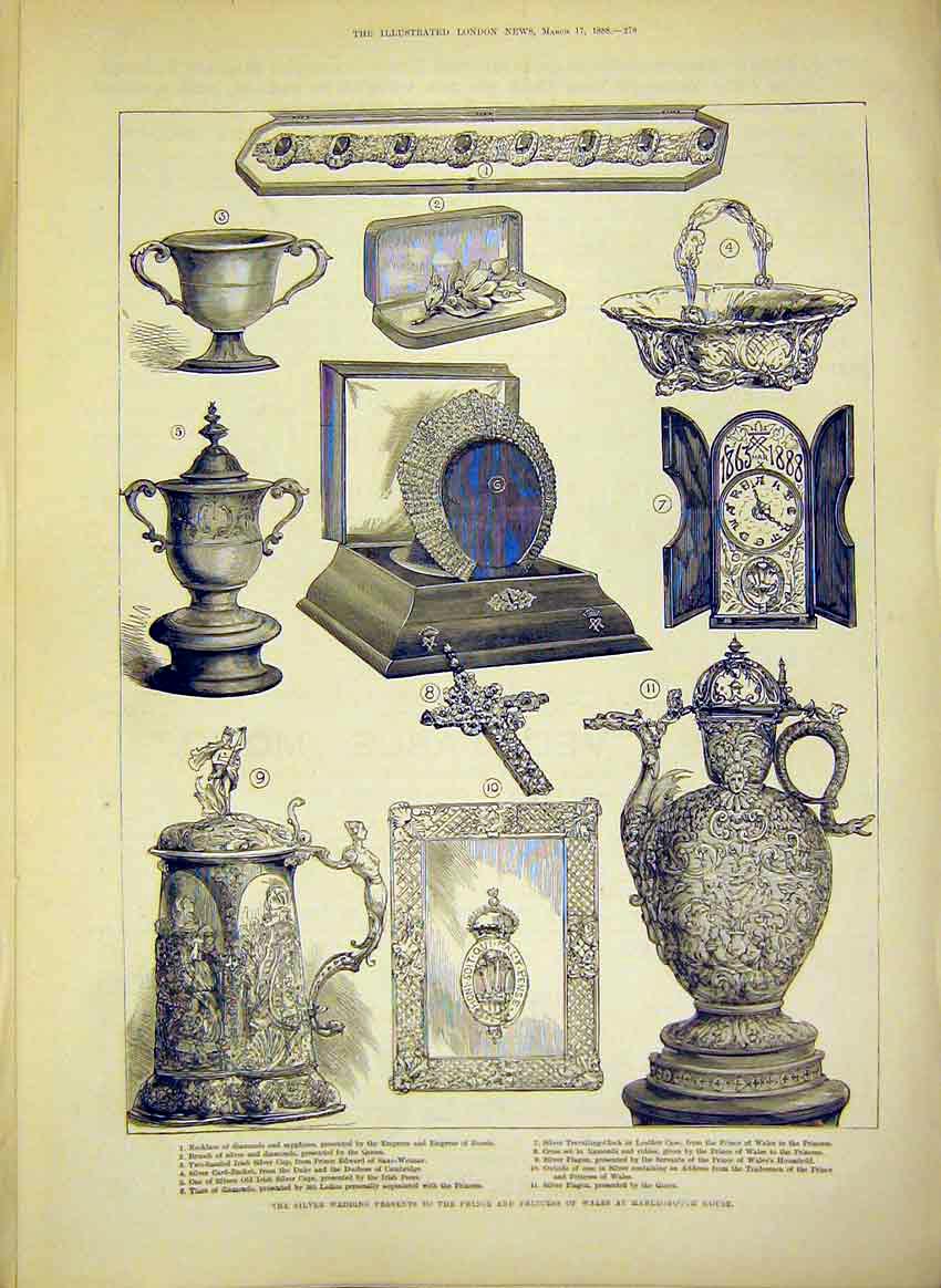 Old Antique Print Silver Wedding Presents Marlborough House Prince Wales