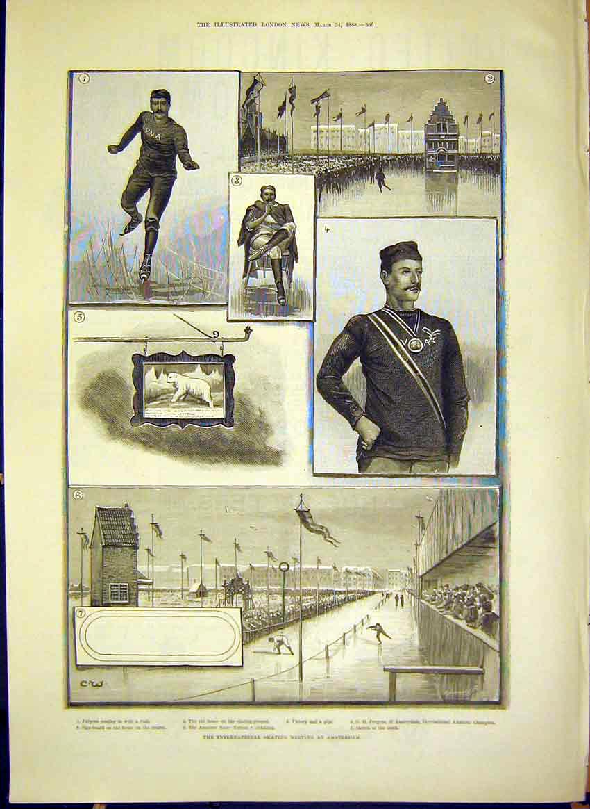 Original Old Antique Print International Skating Amsterdam Sport 1888 Victorian