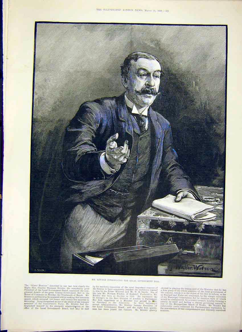Original Old Antique Print Portrait Ritchie Local Government Bill 1888 Victorian