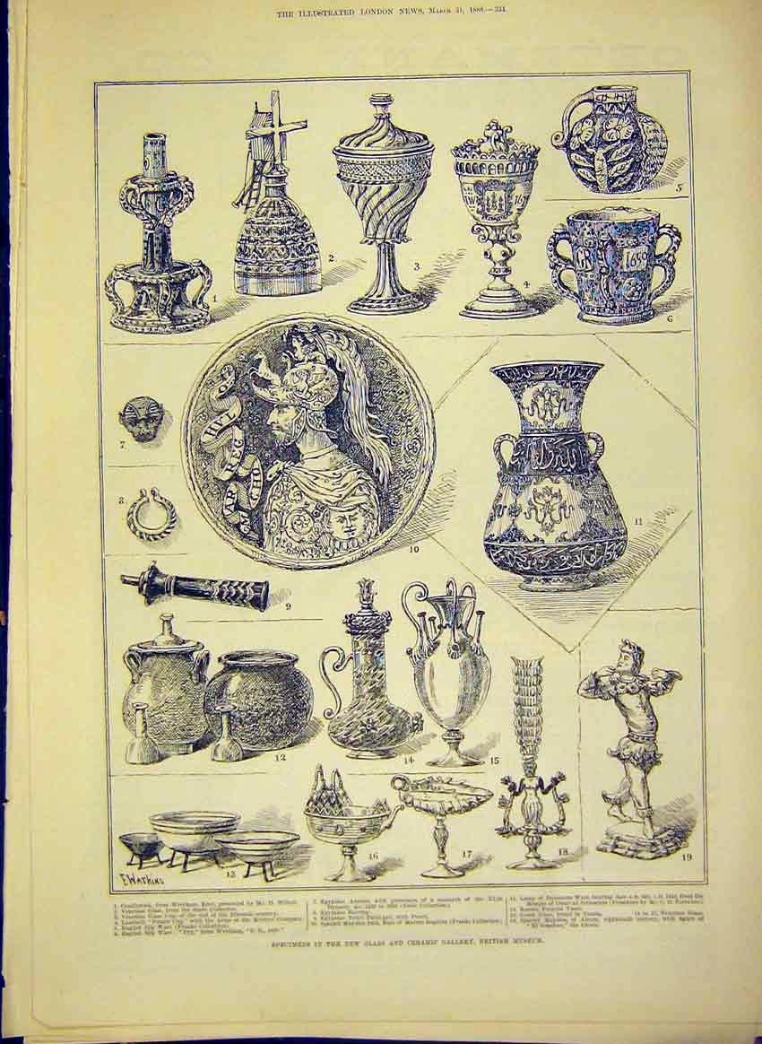 Original Old Antique Print Glass Ceramic Gallery British Museum Specimen 1888
