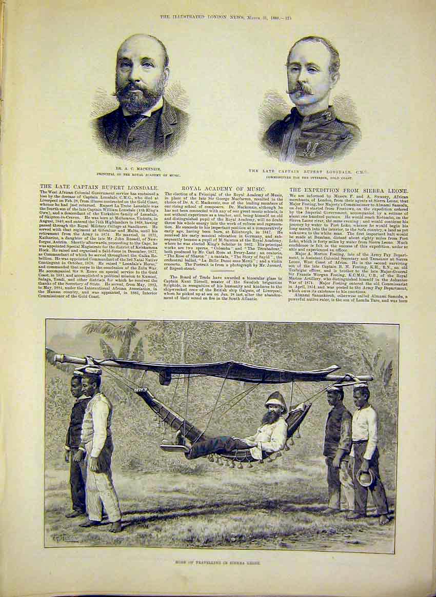 Old Antique Print Mackenzie Lonsdale Portrait Sierra Leone Transport 1888 19th