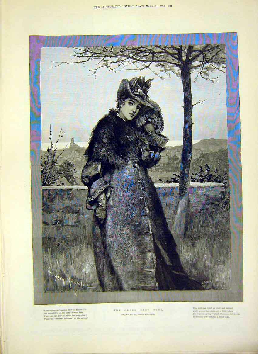 Original Old Antique Print Cruel East-Wind Lady Coat Knowles Fine Art 1888 19th