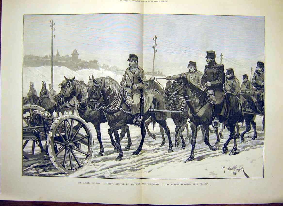 Original Old Antique Print Army Austrian Reinforcements Russian Frontier Cracow
