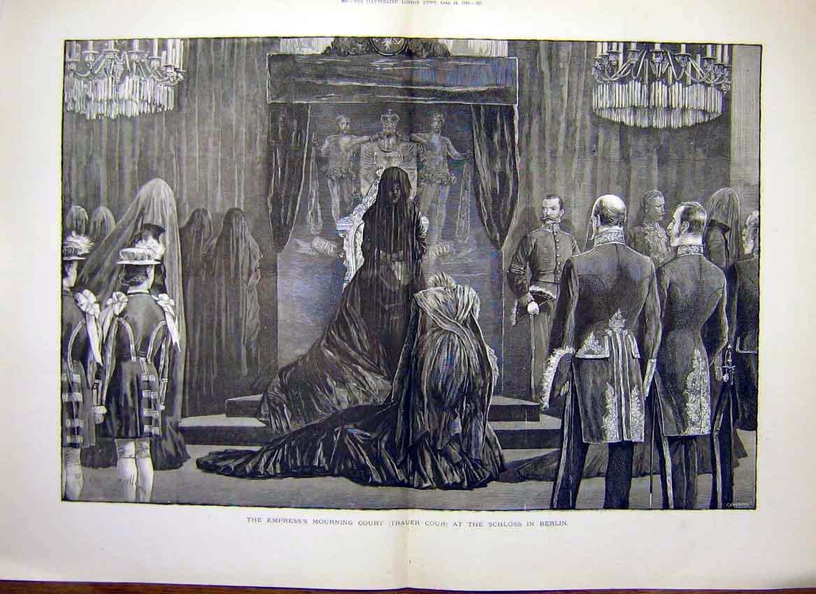 Original Old Antique Print Empress Mourning Court Schloss Berlin Germany 1888