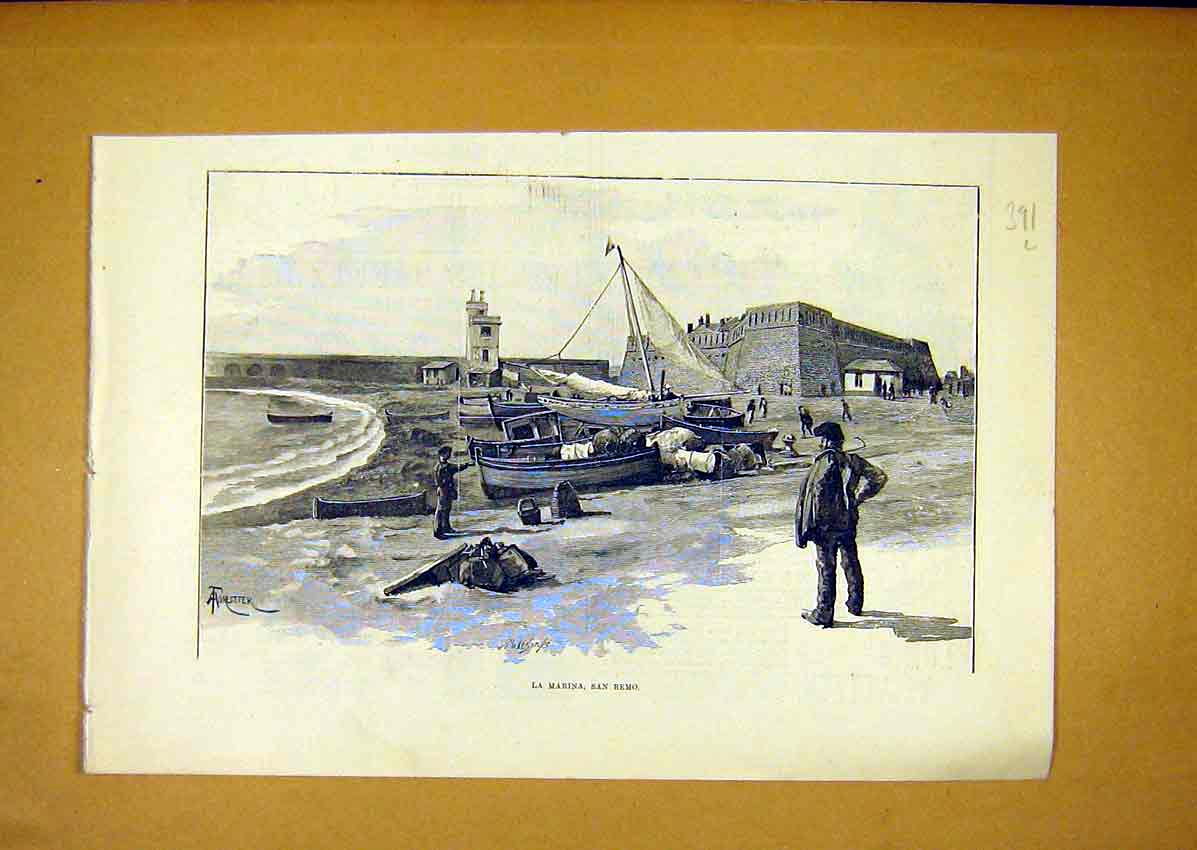 Original Old Antique Print Marina San Remo Sketch Beach Boats 1888 Victorian
