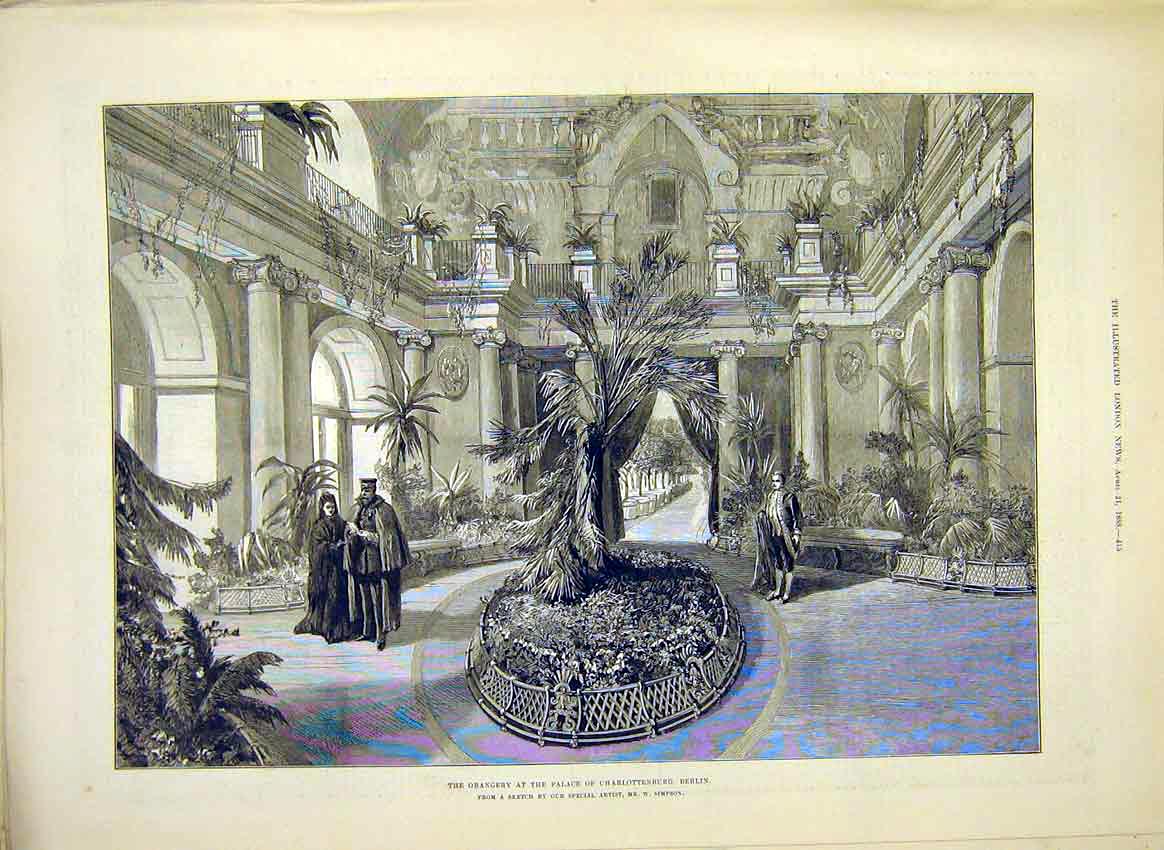 Original Old Antique Print Orangery Palace Charlottenburg Berlin Germany 1888
