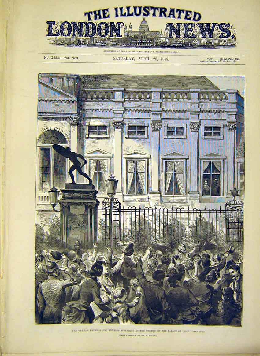 Original Old Antique Print Charlottenburg Palace German Emperor Hosang 1888 19th