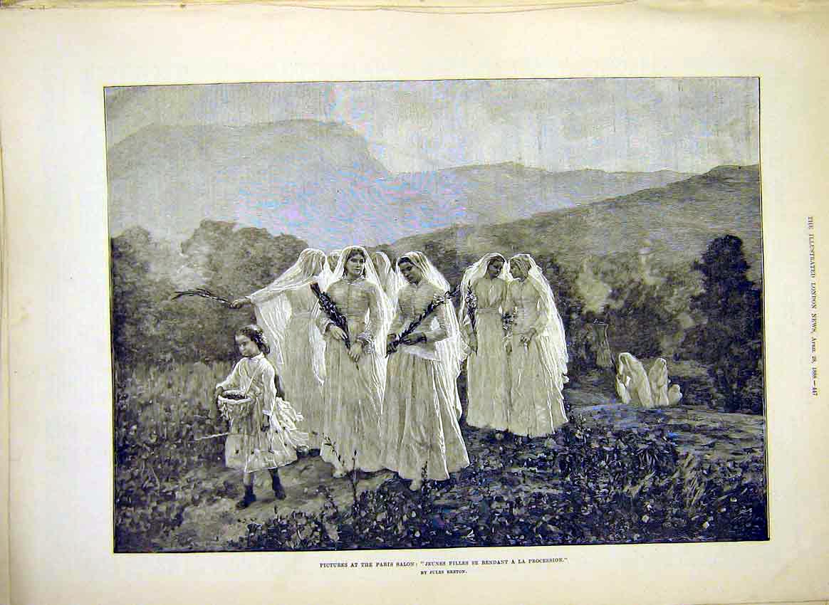 Original Old Antique Print Young Girls Procession Breton Fine Art 1888 Victorian