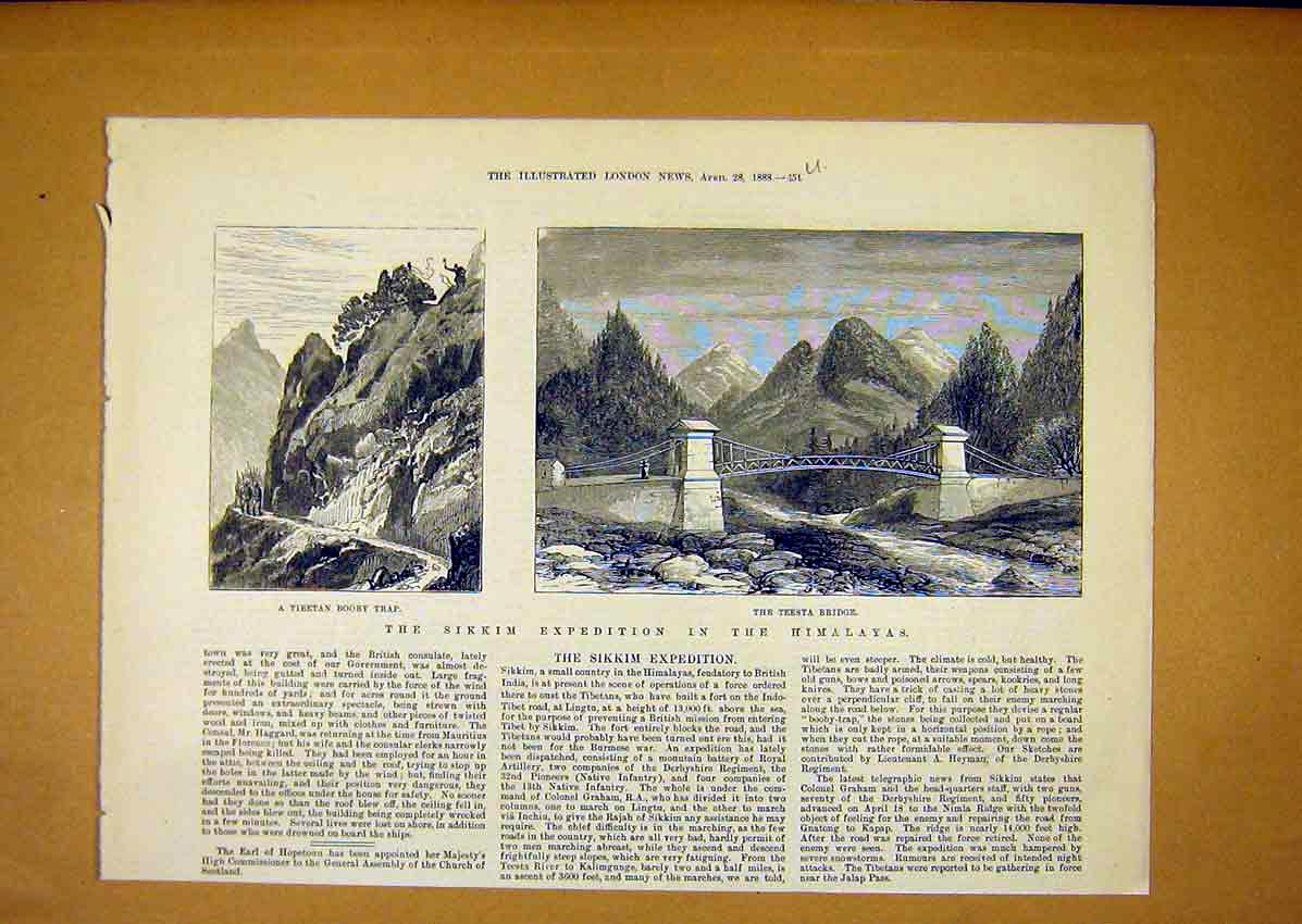 Old Antique Print Sikkim Expedition Himalayas Tibetan Teesta Bridge 1888 19th