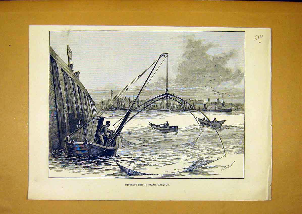 Original Old Antique Print Bait Calais Harbour France Boats Fishing 1888 19th