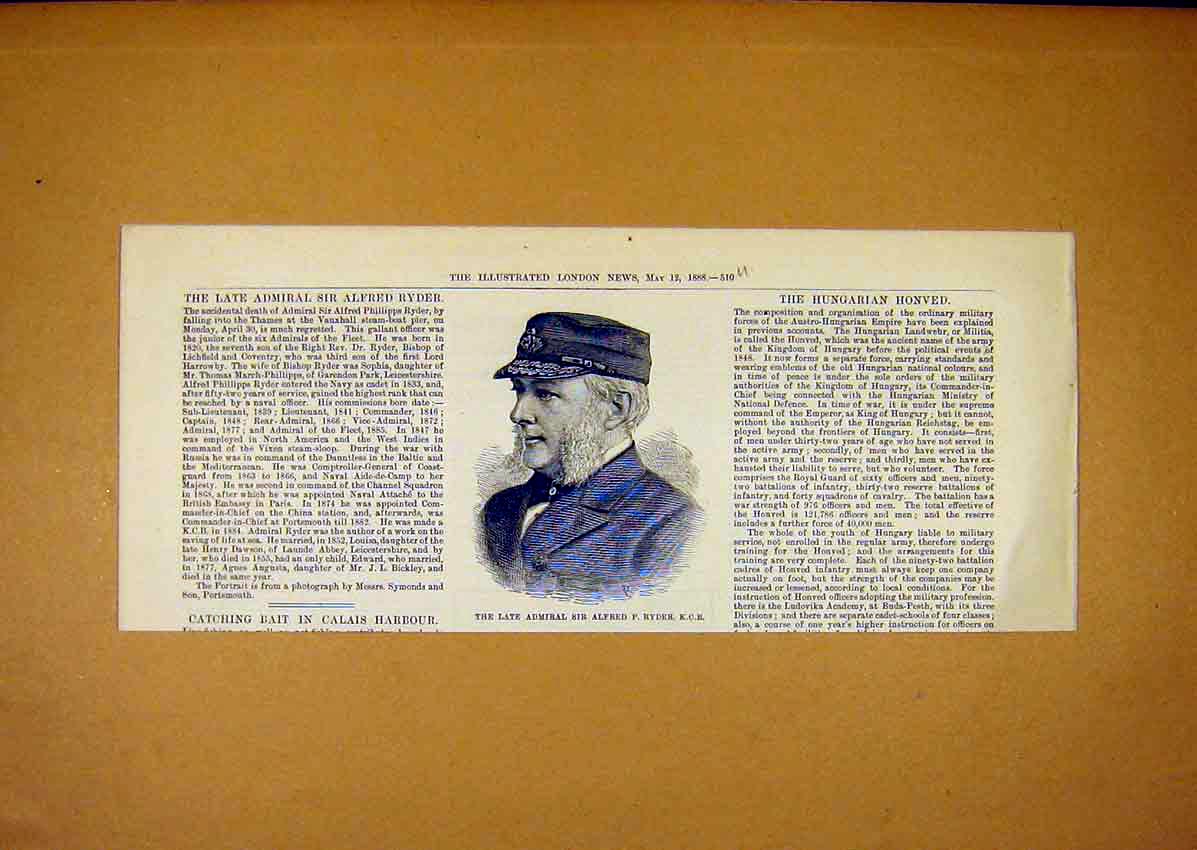 Original Old Antique Print Admiral Alfred Ryder Portrait Military 1888 19th
