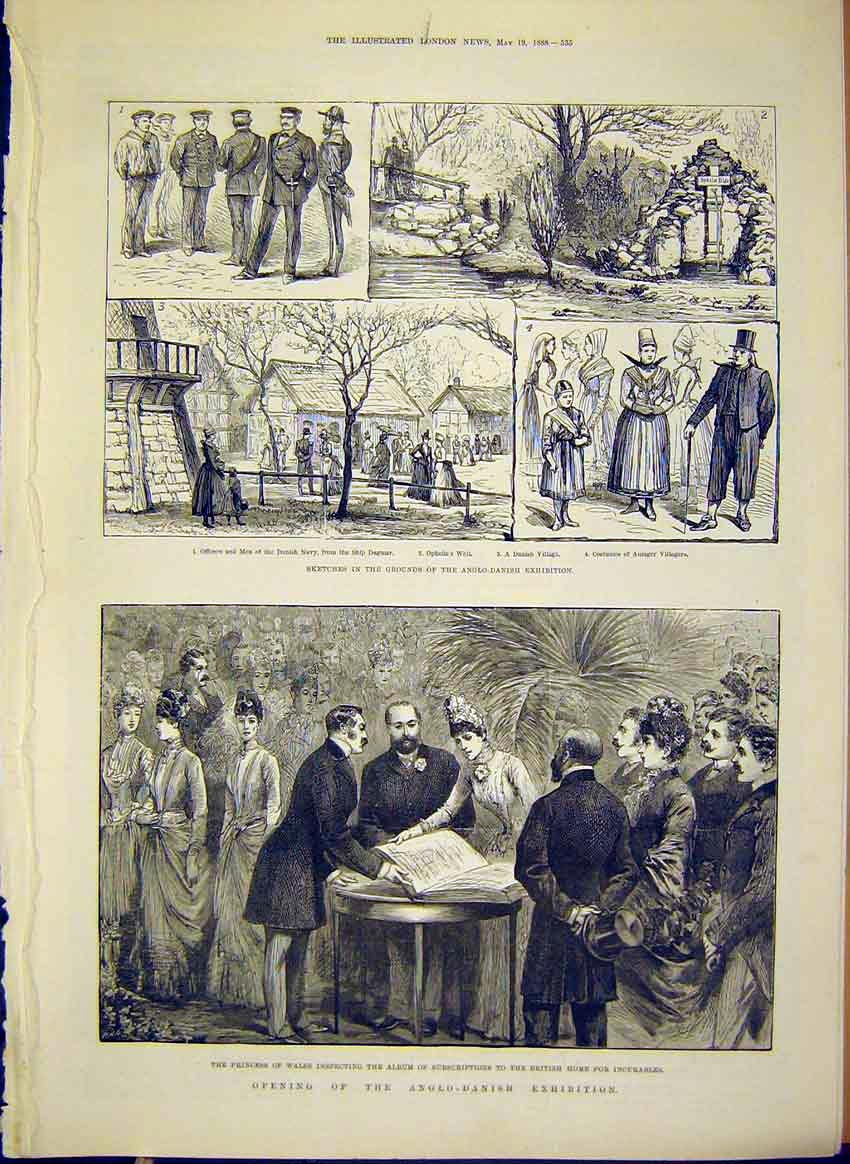 Original Old Antique Print Anglo-Danish Exhibition Sketches Princess Wales 1888