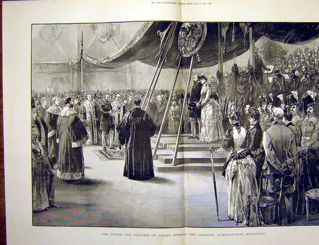 Old Antique Print Prince Princess Wales Glasgow Exhibition Scotland 1888 19th