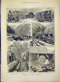 Original Old Antique Print Transport Trees Forest Himalayas Logs 1888 Victorian