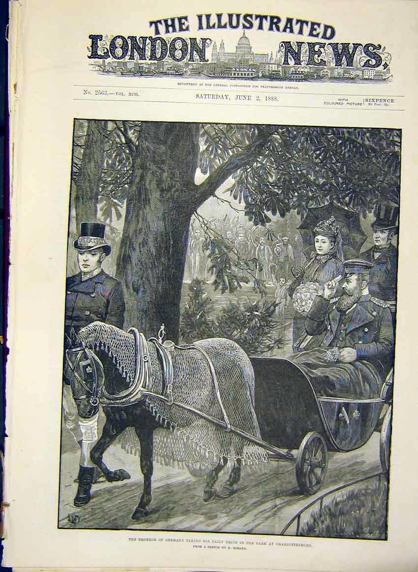 Original Old Antique Print Emperor Germany Park Charlottenburg Hosang 1888 19th