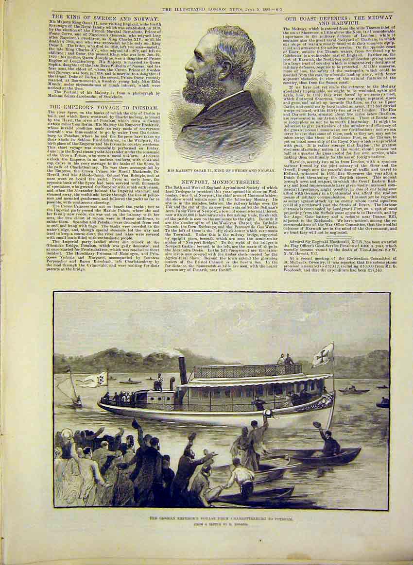 Old Antique Print King Sweden Norway Portrait German Emperor Hosang 1888 19th
