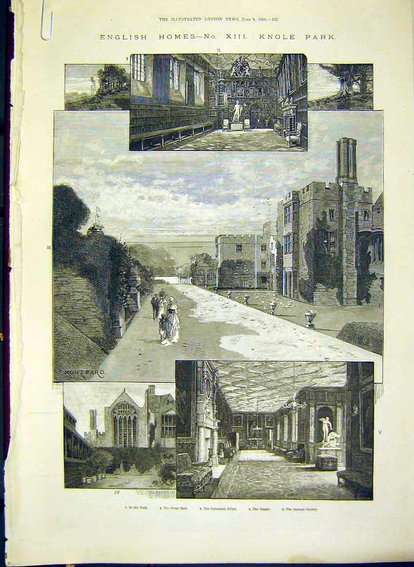 Original Old Antique Print English Homes Knole Park Chapel 1888 Building 19th
