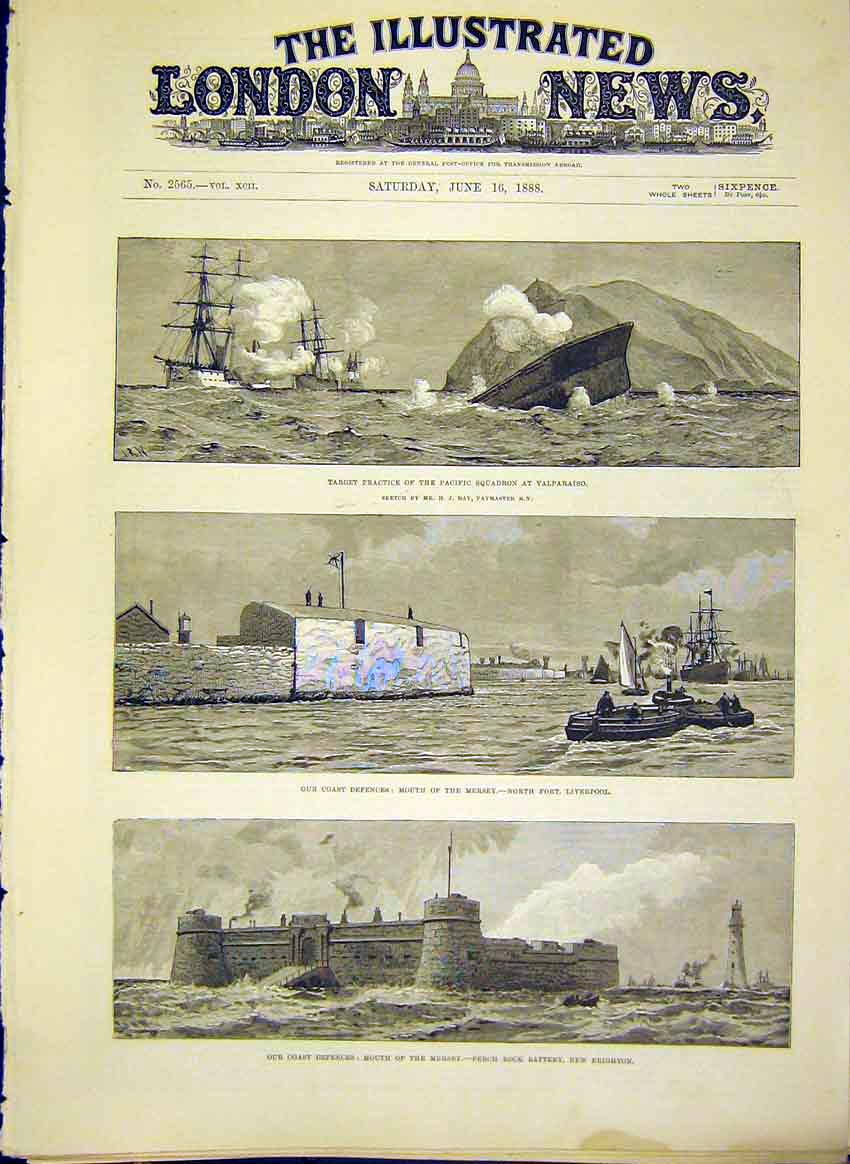Original Old Antique Print Valparaiso Ray Navy Mersey Liverpool Brighton 1888
