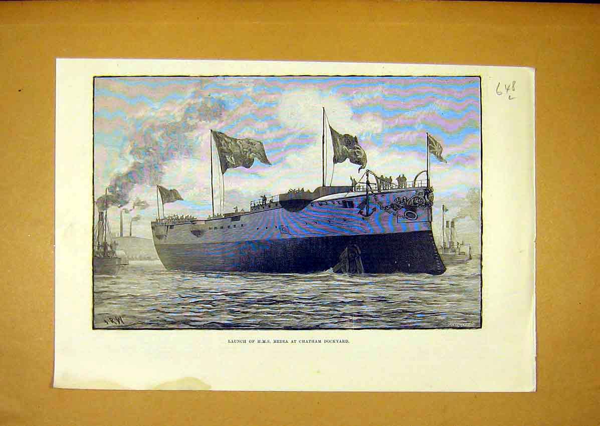 Original Old Antique Print Launch Hms Medea Chatham Dockyard Ship 1888 19th