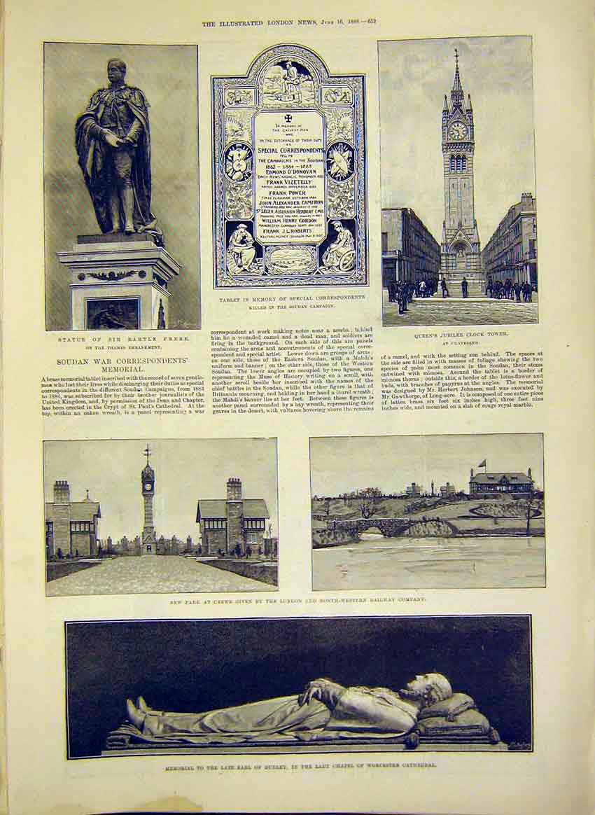Original Old Antique Print Frere Crewe Park Memorial Dudley Worcester Clock 1888