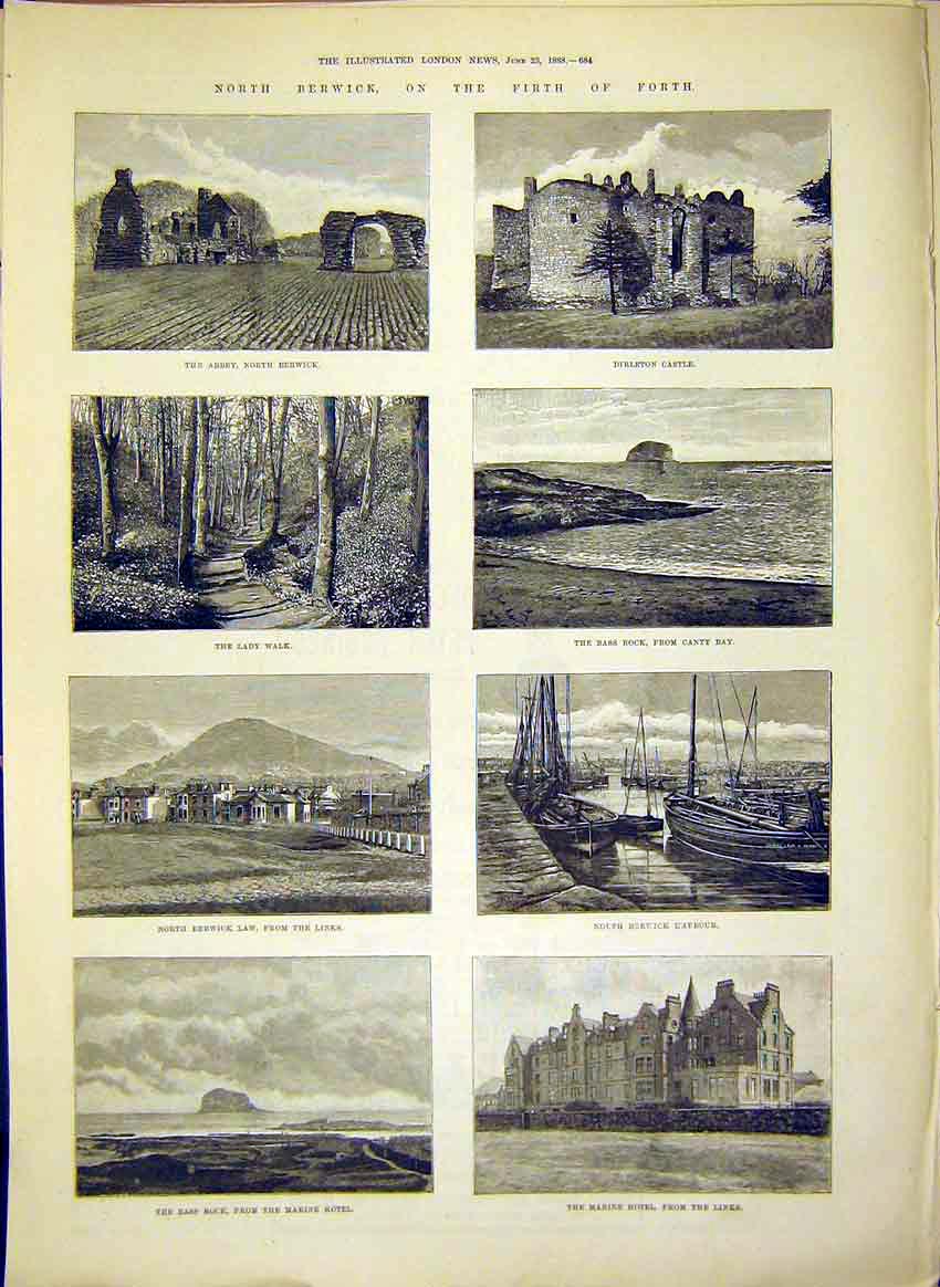 Old Antique Print Berwick Firth Forth Scotland Abbey Dirleton Castle 1888 19th