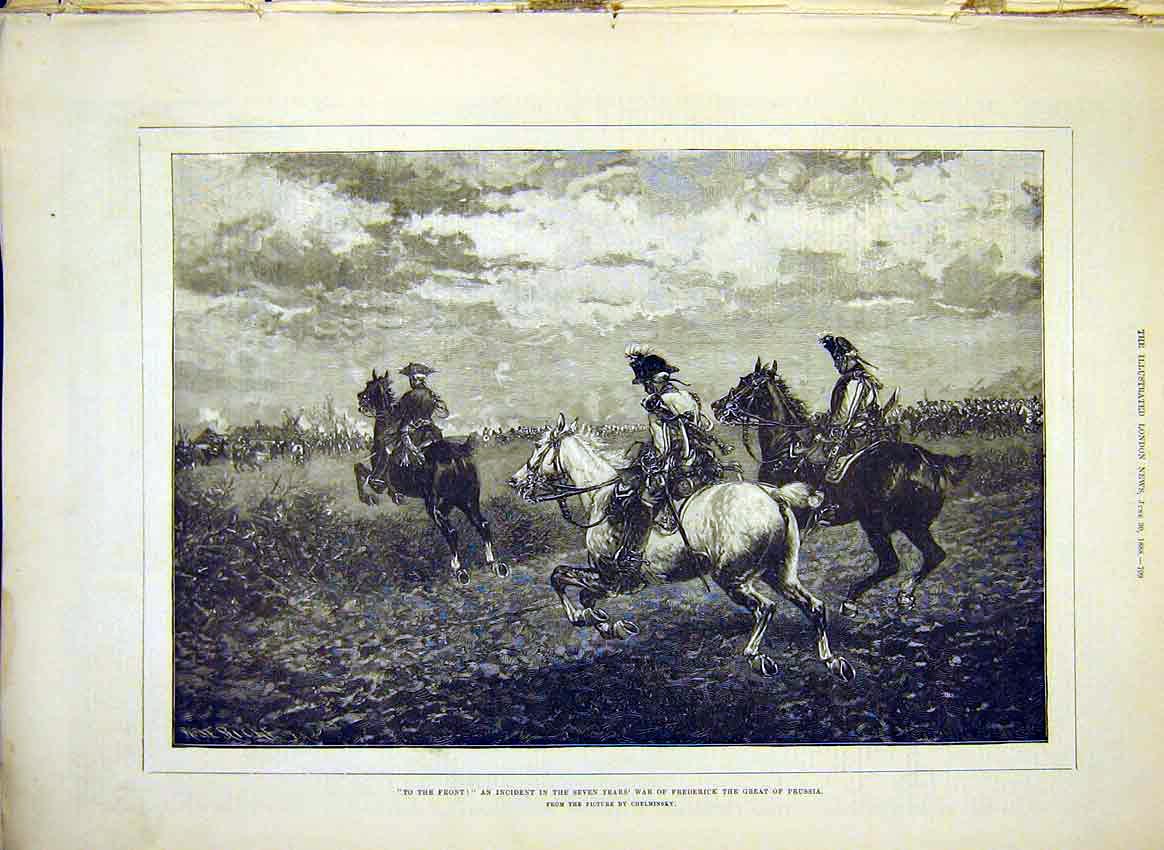 Original Old Antique Print Frederick Prussia War Chelminsky Battle 1888 19th