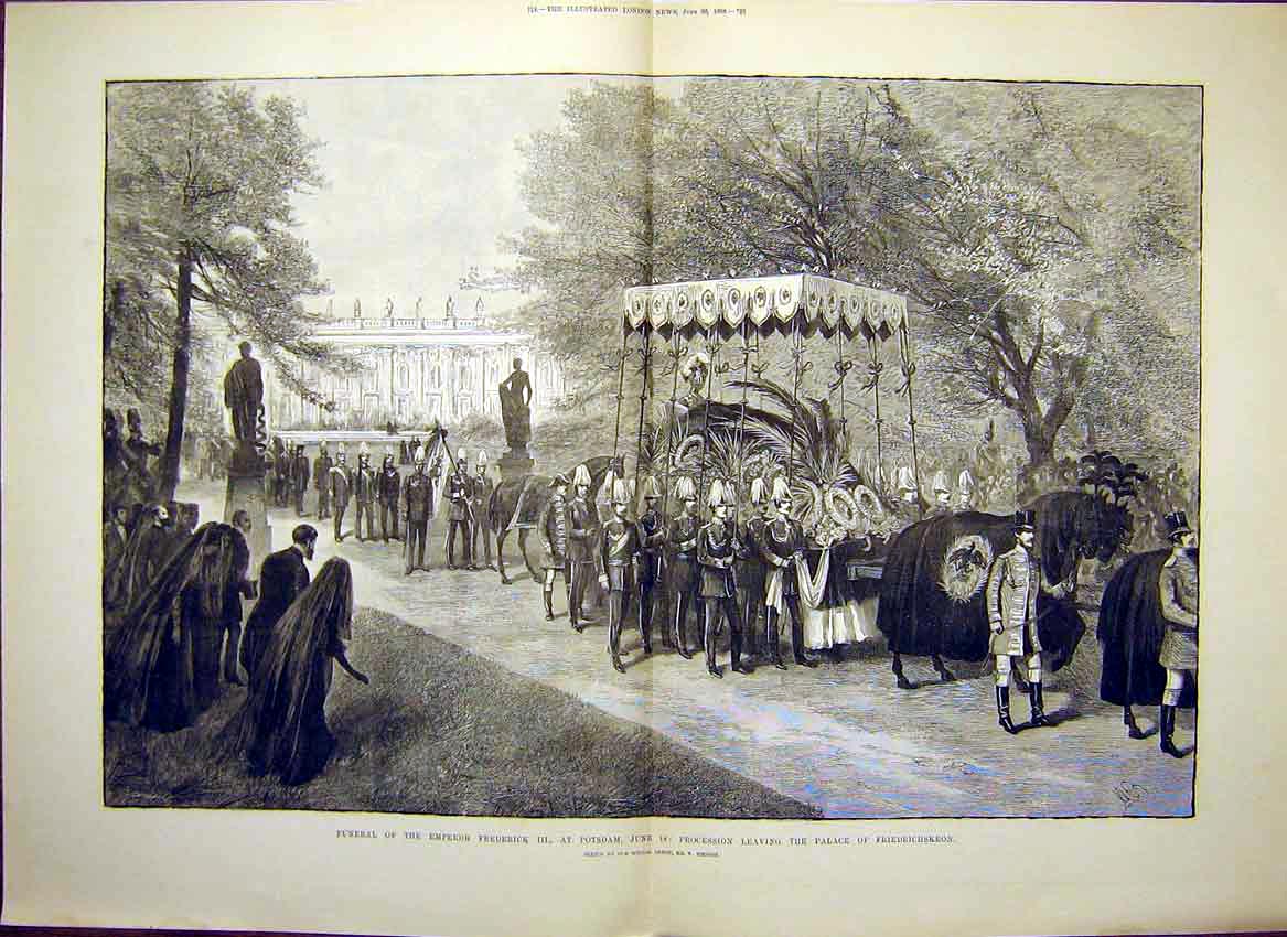Original Old Antique Print Funeral German Emperor Frederick Potsdam 1888 19th