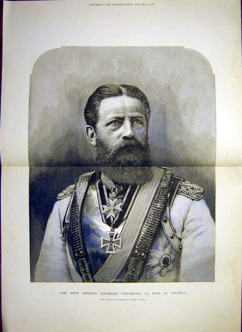 Original Old Antique Print German Emperor King Prussia Frederick Portrait 1888