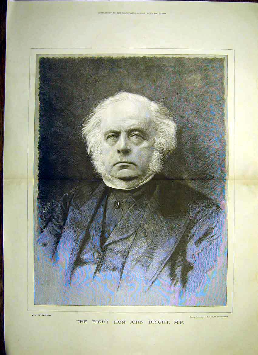 Original Old Antique Print Portrait Right Hon. John Bright Mp 1888 Victorian