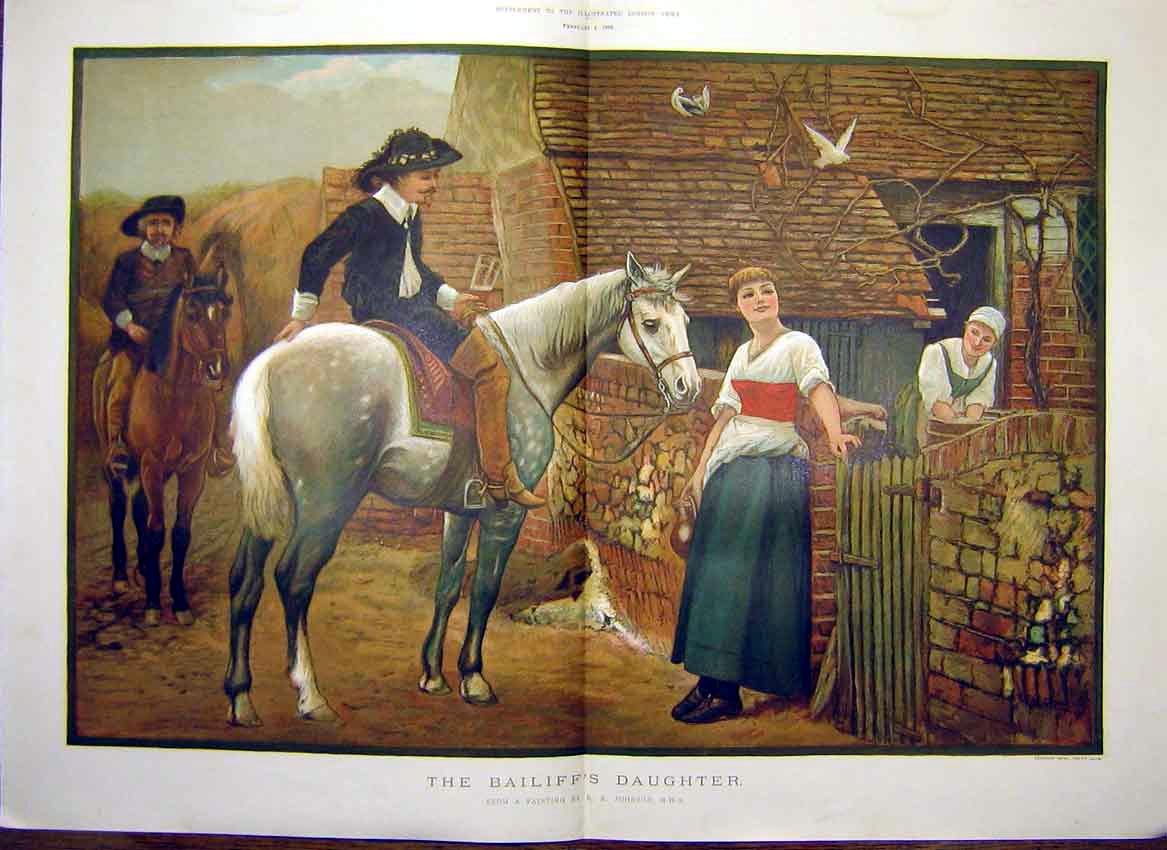 Original Old Antique Print Bailiff'S Daughter Johnson Fine Art 1888 Horse 19th