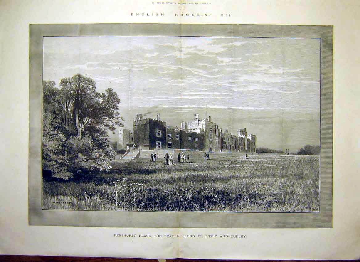 Original Old Antique Print Penshurst Place Lord De L'Isle Dudley Building 1888