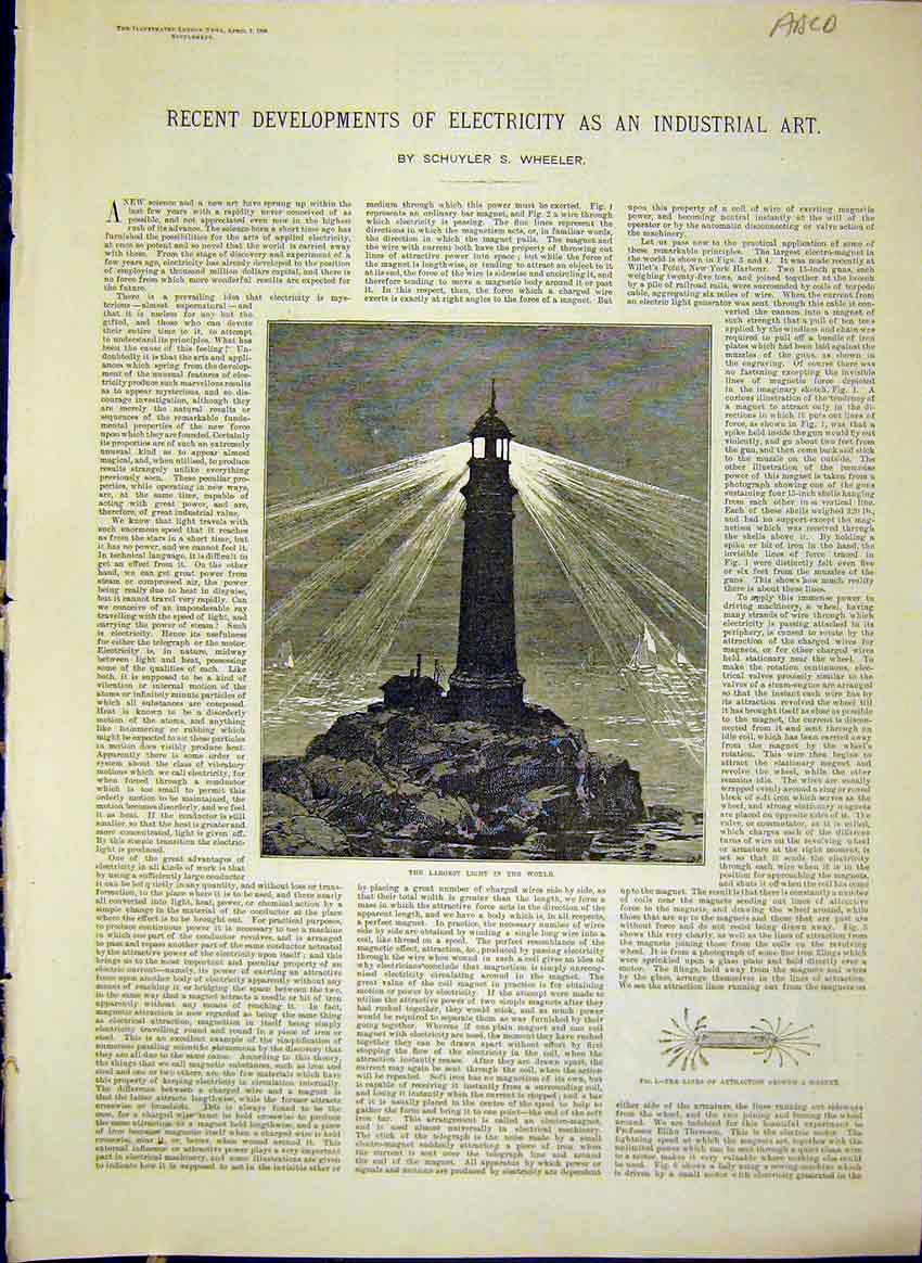 Original Old Antique Print Electricity Industrial Art Electric Light 1888 19th