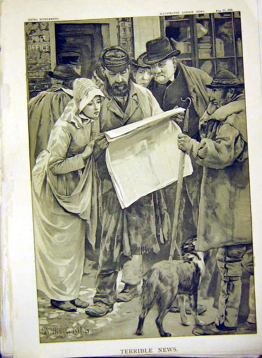 Original Old Antique Print Terrible News Post-Office People Street King 1888