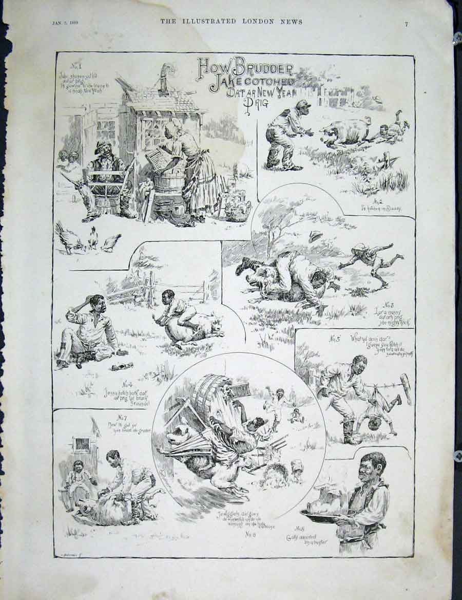 Original Old Antique Print Brudder Jake Pig Sketch Cartoon New Year
