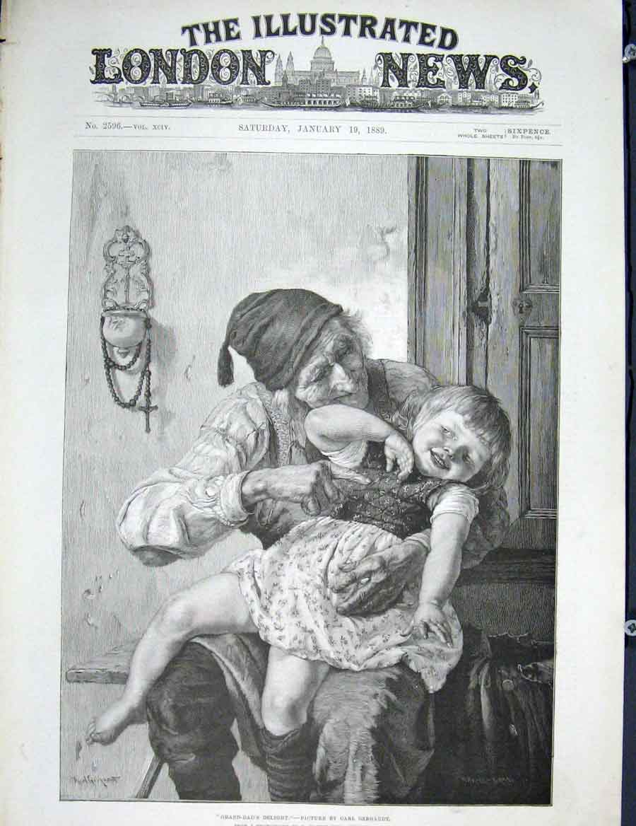 Original Old Antique Print Gebhardt Grand-Dad'S Delight Child Grandpa 1889 19th