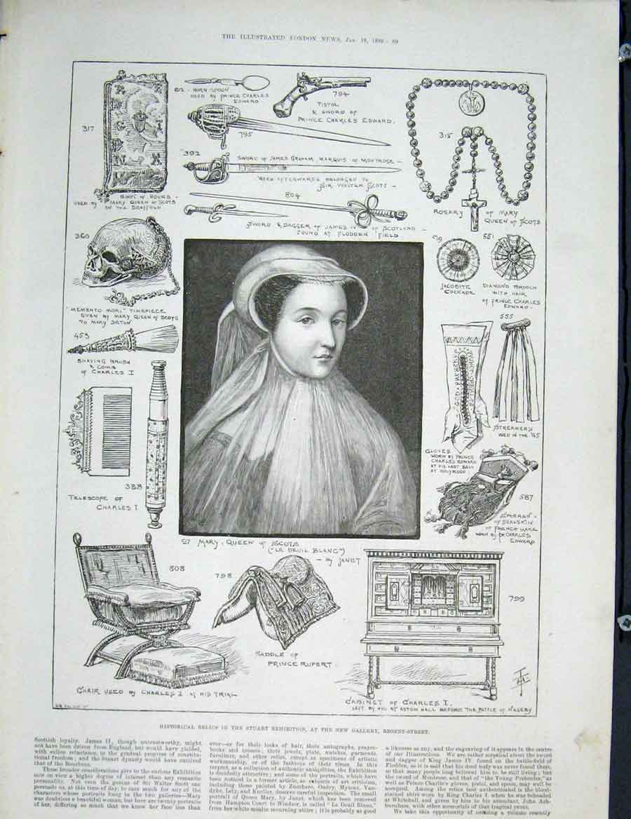 Original Old Antique Print Stuart Exhibition Regent Street London Relics 1889